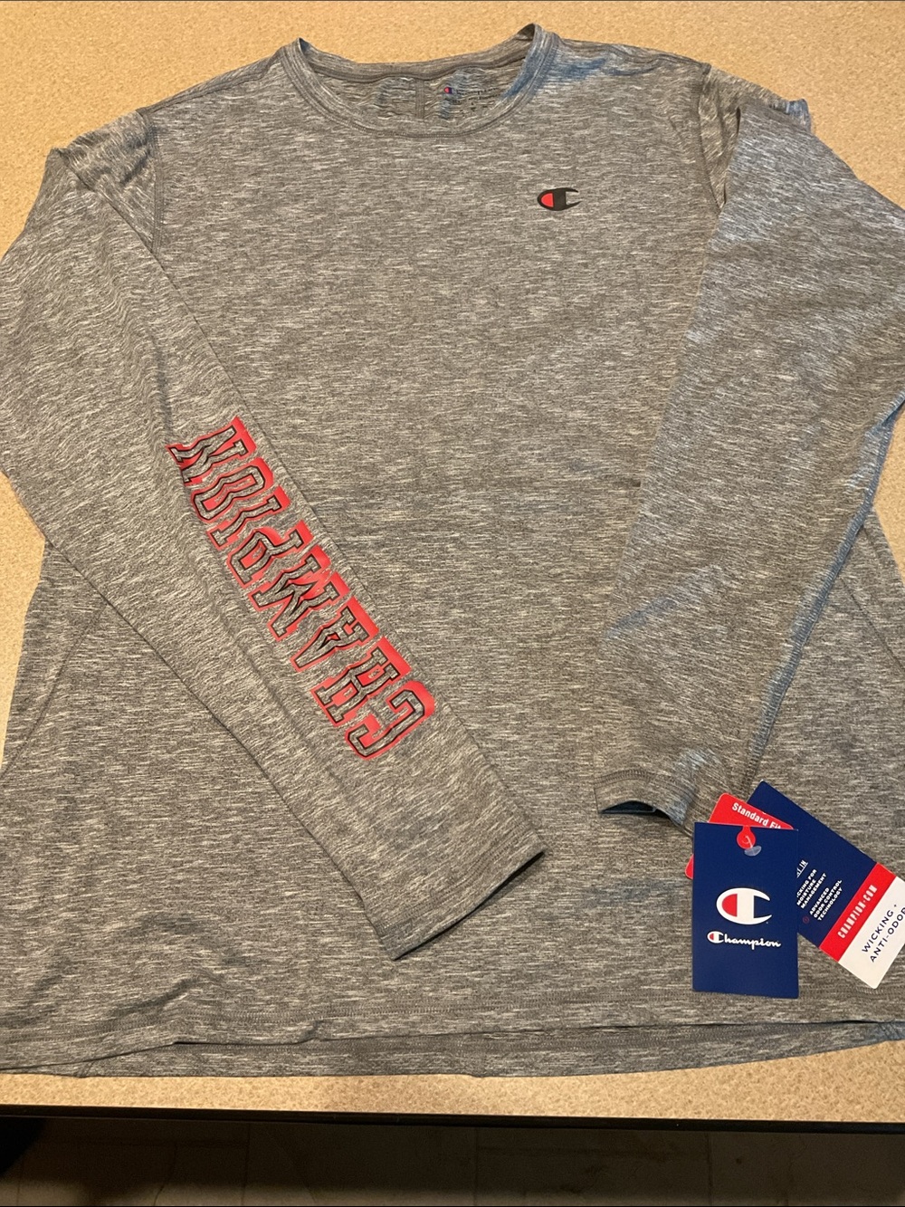 Champion Gray Long Sleeve Shirt with Red Sleeve Print